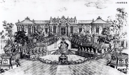 Palast der Ruhe des Meeres und die Wasseruhr, Garten von Yuan Ming Yuan, Peking, 1783-86